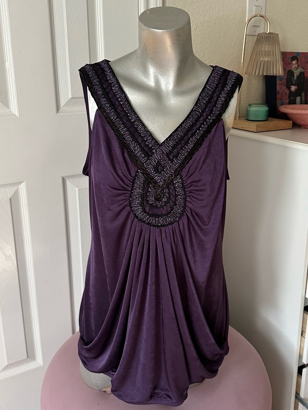 Y2K Studio Purple & Black Embroidered Draped Sleeveless Top